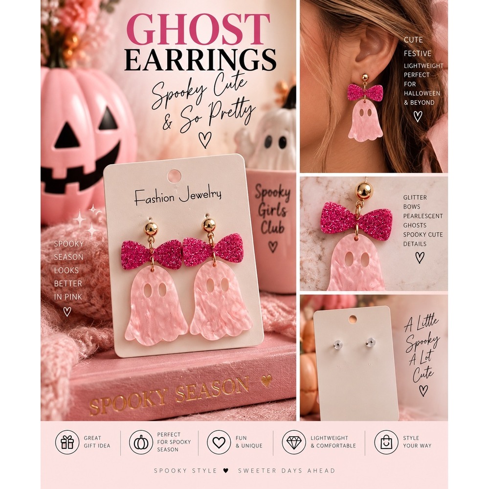 Pink Ghost Earrings Glitter Bow Coquette Halloween Spooky Cute Dangle